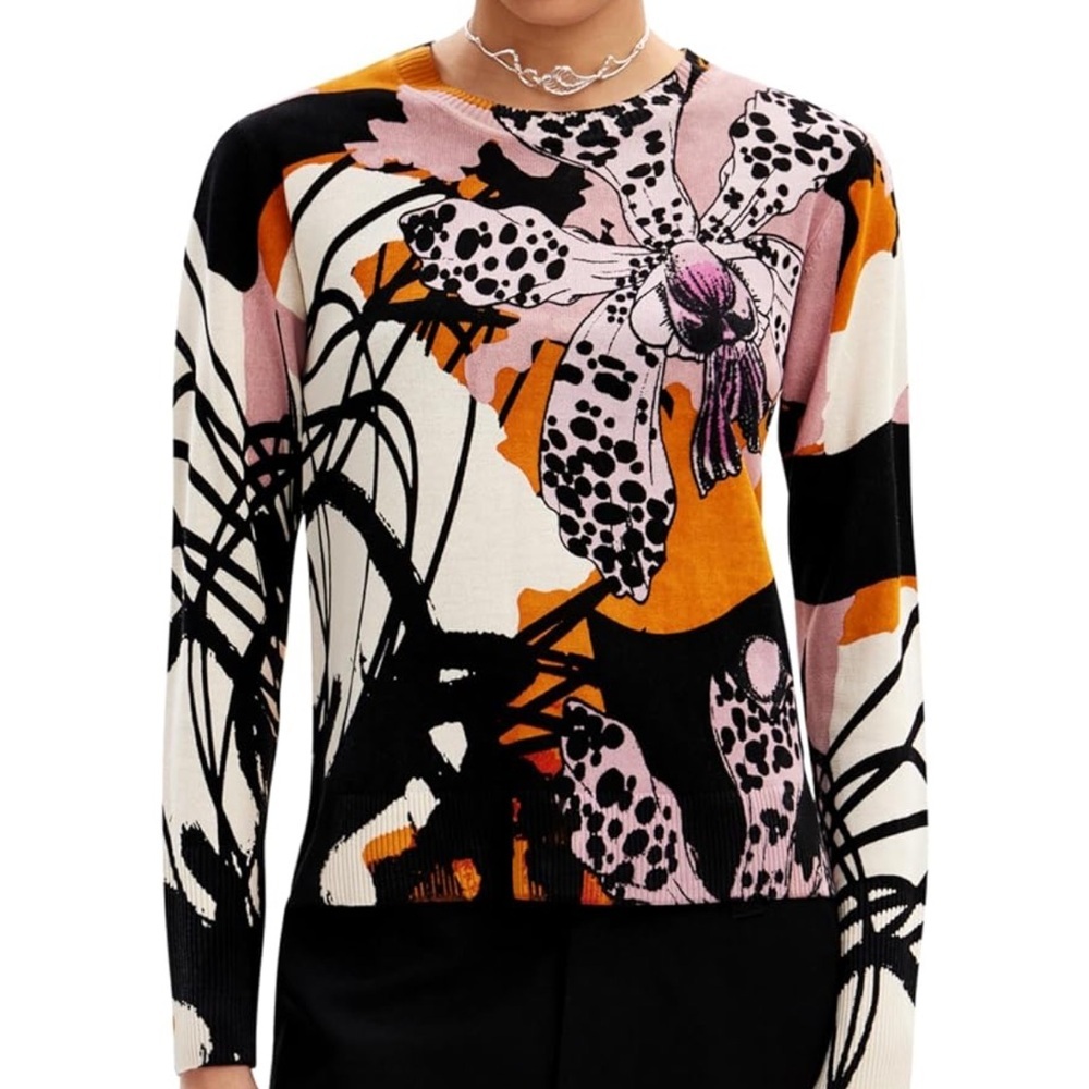 Desigual Floral Graphic Sweater in Pink and Orange